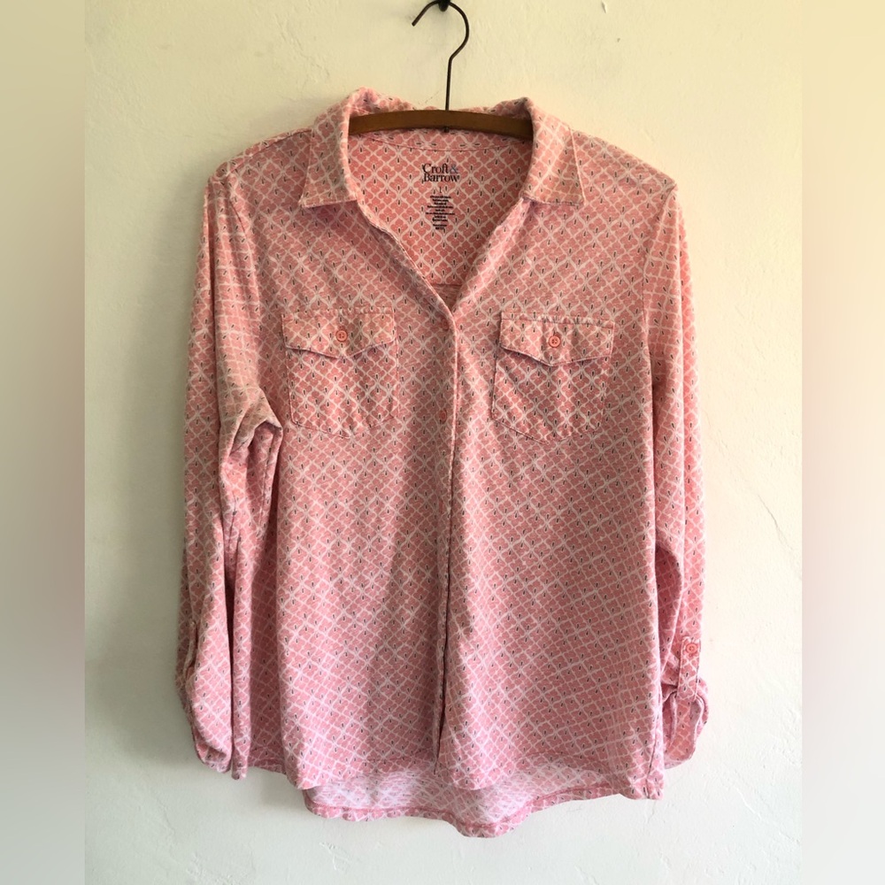 Croft & Barrow Blouse Women's L Pink Pattern Button Front Shirt Roll Tab Sleeve